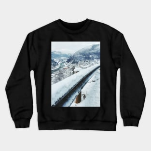 Scandinavian Winter - Fresh-Fallen Snow on Guardrail With White Valley in Background Crewneck Sweatshirt